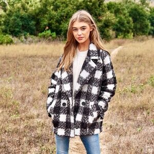 Davi & Dani Boucle Black White Plaid Coat Longline Chic Blazer Jacket‎  Size M